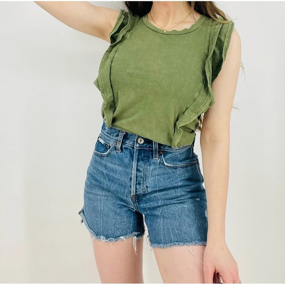 anthropologie eri + ali boho washed ruffle tank in moss green size s - Picture 3 of 6